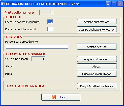maschera operazioni dopo la protocollazione